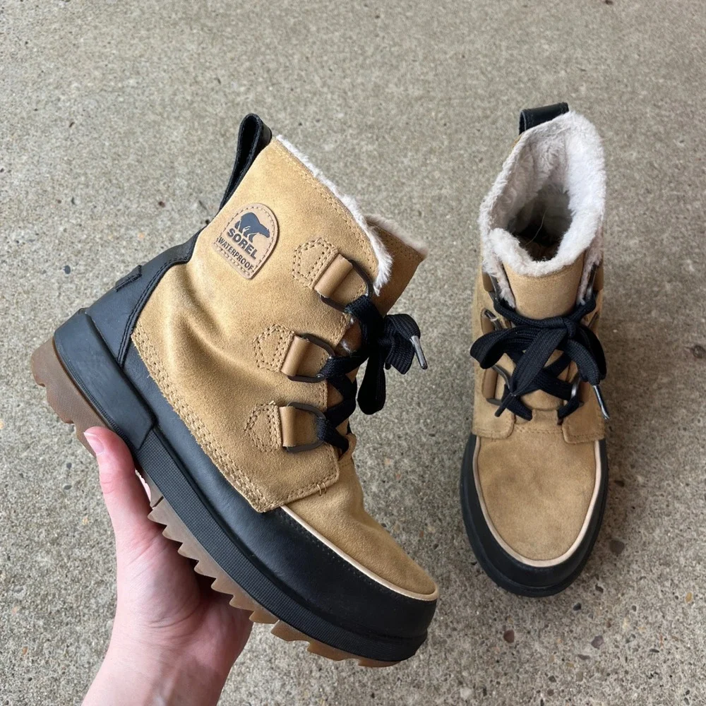 Sorel Lennox Lace Waterproof Tan Suede Faux Fur Lined Winter Boot NL3425-373 8.5